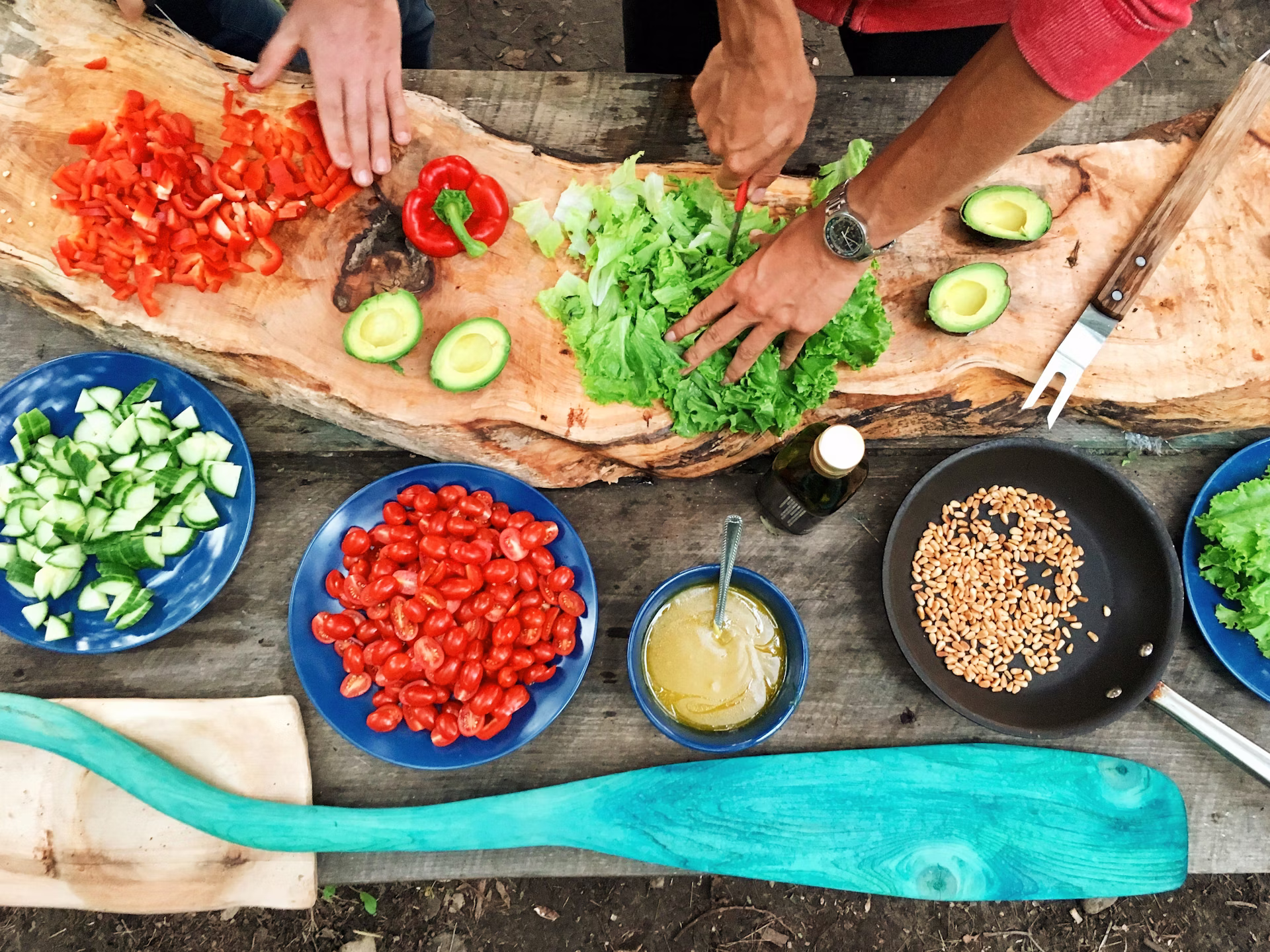 Preparing food on log
